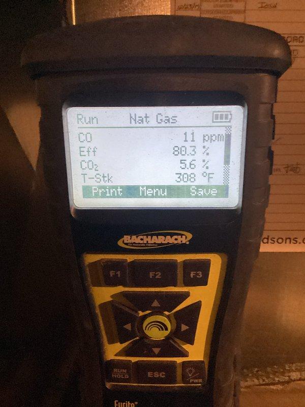 Performed scheduled MVP Heating Visit, conducting combustion analysis on natural gas system. Testing revealed CO levels at 11ppm, system efficiency at 80.3%, CO2 at 5.6%, and stack temperature at 308°F. Inspected blower assembly and heat exchanger components, noting normal dust accumulation but confirming all mechanical connections remain intact and functional.