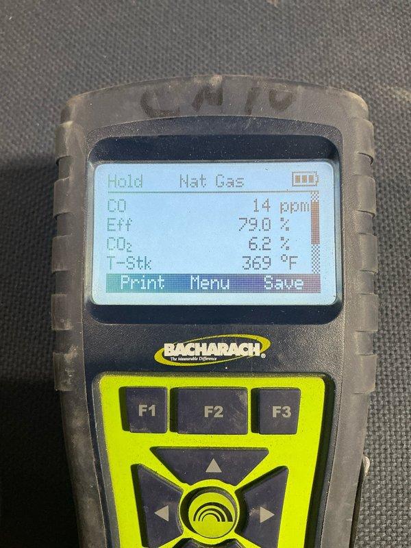 Performed scheduled heating maintenance service. Conducted combustion analysis on natural gas system showing 79.0% efficiency with CO levels at 14 ppm, CO₂ at 6.2%, and stack temperature at 369°F. Inspected and verified proper operation of blower assembly with all components in clean, functional condition.