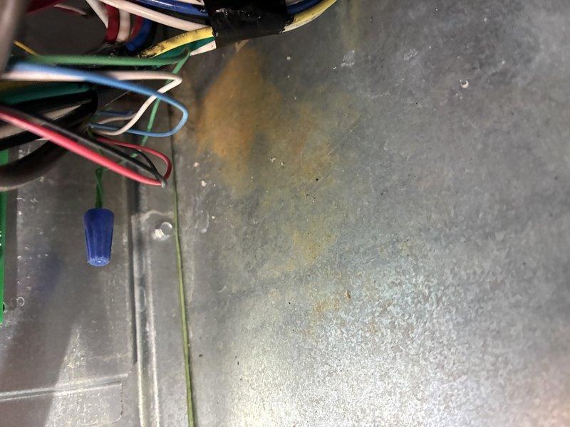 Performed routine maintenance on a 2-year-old furnace system. Inspected electrical connections and wiring integrity, noting proper wire nut connections and color-coding in the control panel. Examined the furnace installation including the flue vent, condensate drain lines, and confirmed proper PVC piping slope for adequate drainage.