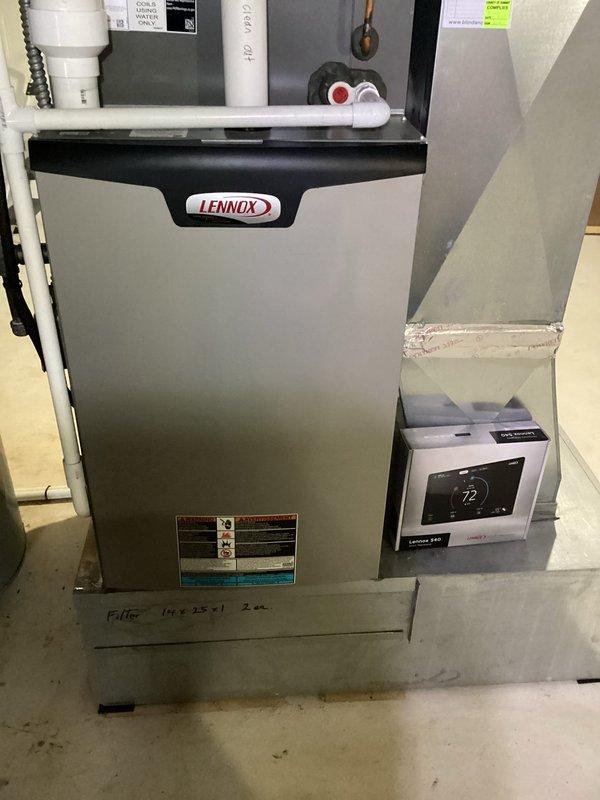 Performed scheduled MVP heating maintenance service on Lennox HVAC system with S30 thermostat. Inspected furnace components, checked connections on ventilation/drainage PVC piping, and verified proper system operation with thermostat reading 72°F. Confirmed filter size requirements (16 x 25 x 1, quantity 2) and documented all service points according to maintenance protocol.