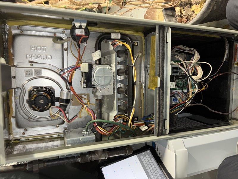 Performed inspection of furnace system and identified a crack in the primary heat exchanger chamber located adjacent to the limit switch. Documented the damaged components with photos and ordered necessary replacement parts (heat exchanger, primary limit switch, and igniter) which arrived in shop on 3/5.