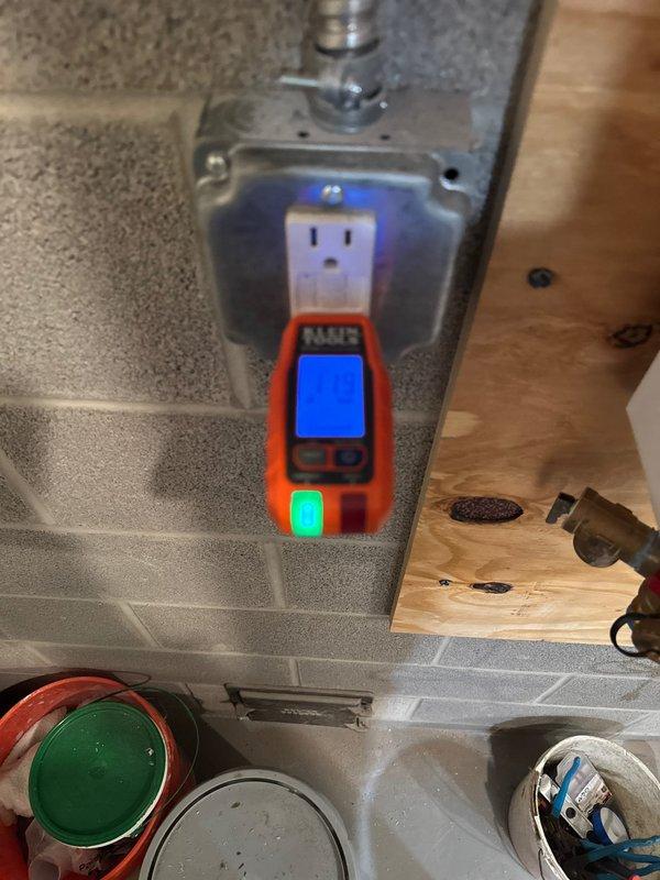 Installed dedicated circuit for tankless water heater in utility area. Performed comprehensive electrical testing with NWP testing device to verify proper voltage, amperage, and ground connection. Circuit tested successfully with appropriate load capacity and demonstrated proper function with green status indicator.