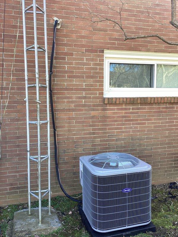 Completed electrical service for installation of a full-house Carrier air conditioning system in a 40-50 year old residence. Work included inspection of existing panel capacity, installation of dedicated circuit breaker, and proper connection of electrical supply lines to the new HVAC equipment. Verified proper grounding and ensured all connections met current electrical code requirements for the outdoor condenser unit installation.