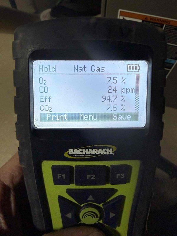 Performed scheduled MVP furnace maintenance and installed water heater tailpiece extension. Combustion analysis confirmed optimal furnace operation with 94.7% efficiency, 7.5% O₂, 7.6% CO₂, and safe CO levels at 24 ppm. All mechanical components inspected and verified to be in proper working condition.