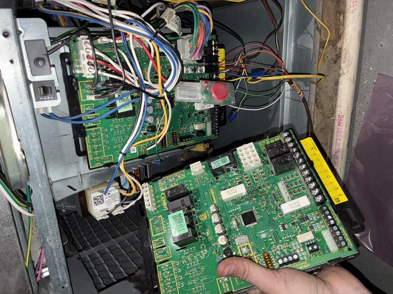 Completed warranty repair on HVAC system by replacing faulty inducer motor, pressure switch, and circuit board. Removed existing control board and installed new components to restore proper system functionality. All replacement parts were properly installed and system was tested to verify normal operation.