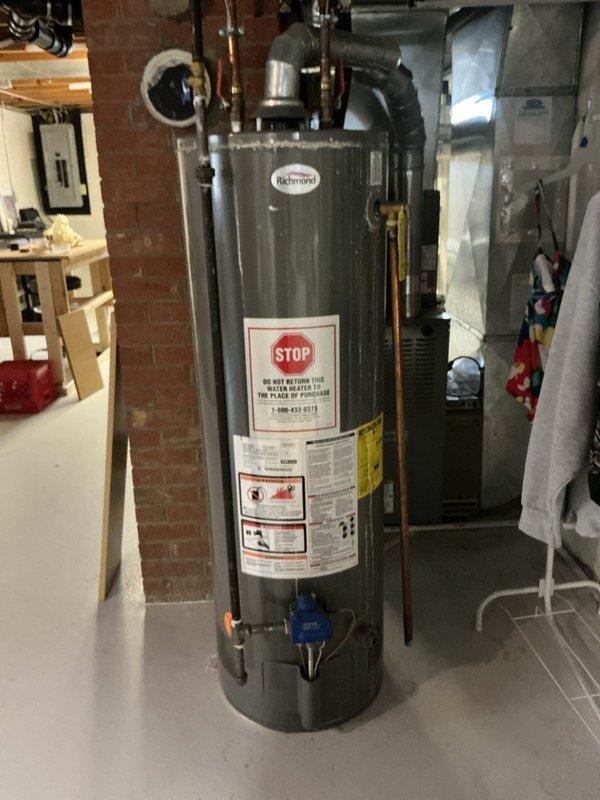 Successfully replaced aging water heater with new Richmond model and installed new main water valve after coordinating with city for water shut-off at street. Completed all necessary connections to existing plumbing system and verified proper operation of the new equipment after installation.