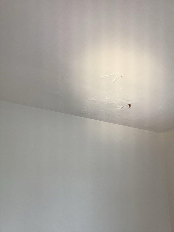 Responded to service call for water leak in upstairs bedroom causing wall cracking. Upon inspection, identified water damage on ceiling with yellowish discoloration and installed protective tarp secured with painter's tape to prevent further interior damage while awaiting comprehensive repair.