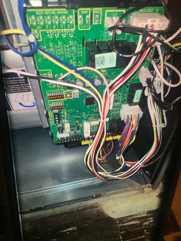 Performed routine maintenance on furnace system. Inspected and replaced MERV 13 air filter which showed moderate dust accumulation. Examined ECM control board (24VAC) and associated wiring harness connections for proper function, noting all components were operational with no visible defects.