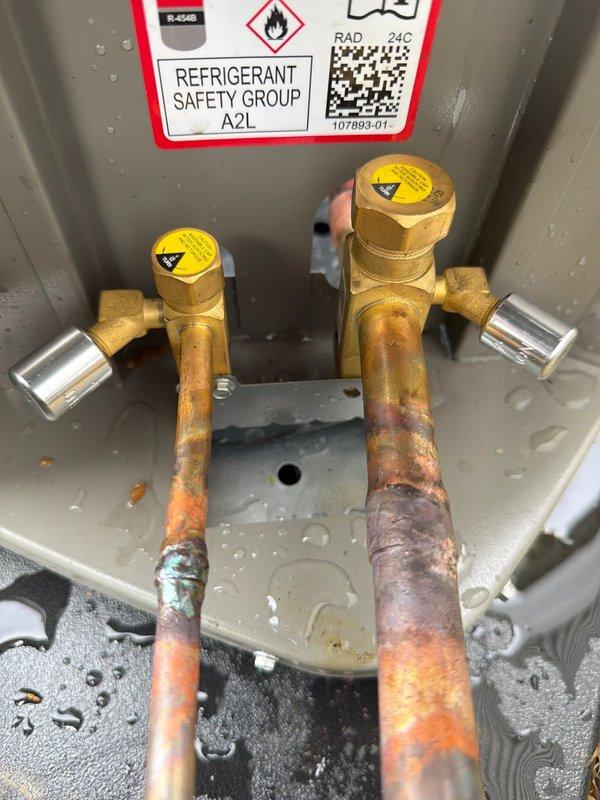 Completed installation of 90% FRN furnace and air conditioning system with R-454B refrigerant (Safety Group A2L). Installed new electrical components including Littelfuse terminal blocks rated at 25A, and verified proper refrigerant line connections with appropriate service valves. System was charged, pressure tested, and confirmed operational with no leaks.
