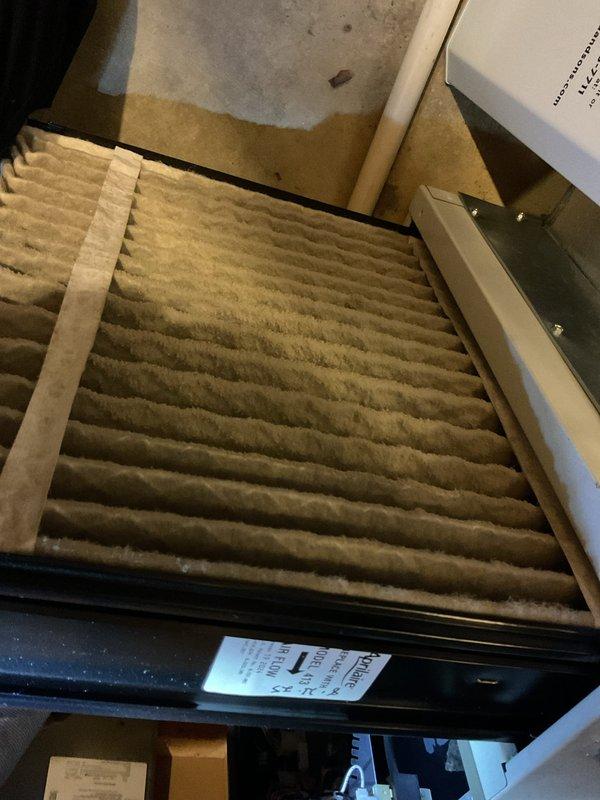 Performed scheduled MVP Heating Visit maintenance service, inspected system and replaced severely clogged air filter which showed significant dust accumulation throughout the pleated surface. Used diagnostic probe to verify proper system operation after filter replacement.