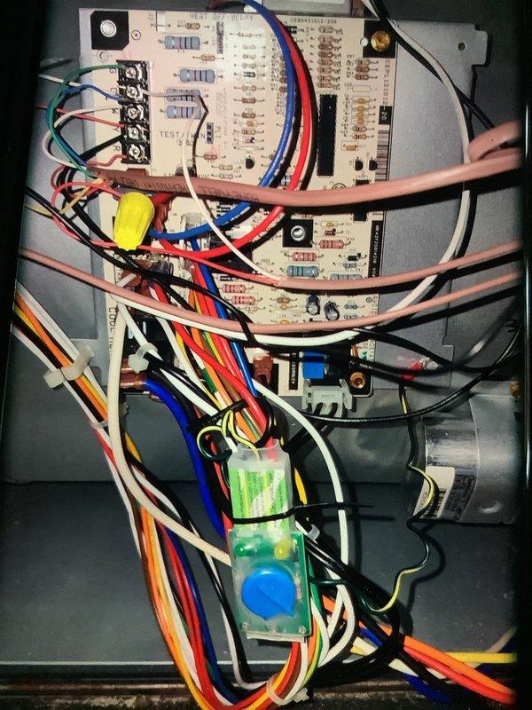 Completed routine MVP Heating maintenance service. Inspected and verified proper installation of air filter in the HVAC system. Examined electrical control panel including circuit board connections, resistors, and wiring integrity, with particular attention to the control module with adjustment dial.