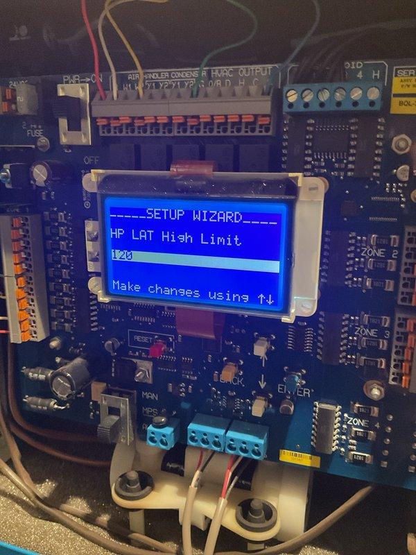 Completed replacement of the defective zone control panel with a new unit. Installed and configured the replacement panel, including setting up the HP LAT High Limit (120°) and Resistance Lock OAT parameters through the setup wizard. System is now operational with proper zoning functionality restored.