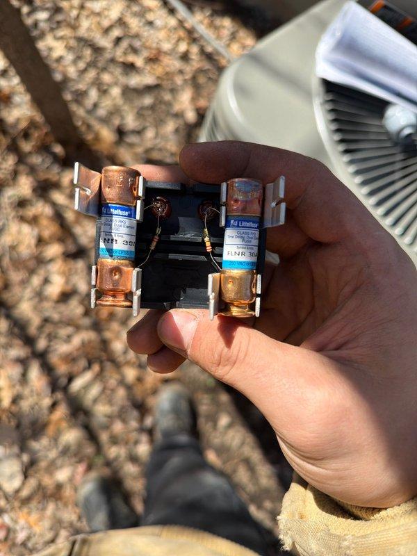 Completed installation of 80% FRN furnace and AC system with new fused disconnect. Mounted DiversiTech junction box on exterior wall and installed appropriate Littelfuse cartridge fuses for proper circuit protection of the outdoor condensing unit.