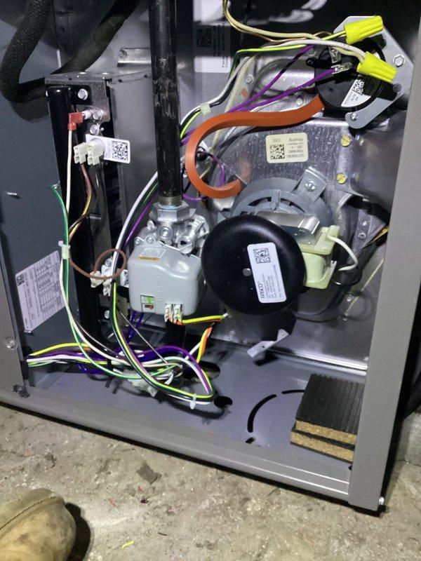Completed scheduled MVP furnace maintenance service. Observed torn pleated air filter requiring replacement. Inspected internal components including blower motor assembly and electrical connections which were found to be in normal working condition with no visible damage.