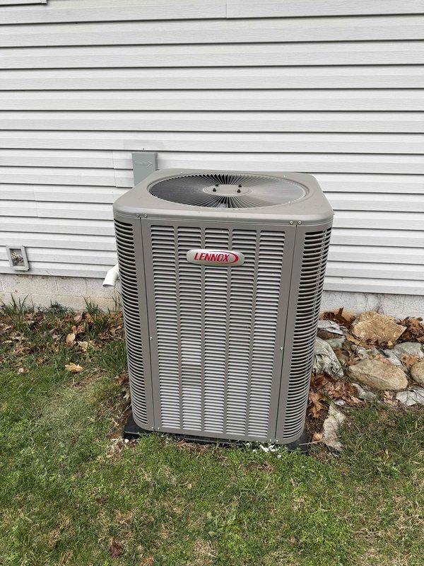 Performed scheduled maintenance visit on Lennox residential cooling system. Inspected outdoor condensing unit for visible damage (none found) and examined interior evaporator coil assembly, which showed normal wear but no operational issues. System appears to be functioning properly with all components intact and properly connected.