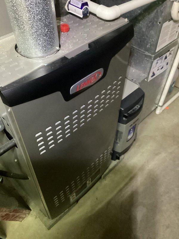 Performed scheduled MVP Heating maintenance service on Lennox furnace unit. Inspected and noted dust accumulation on air filter requiring replacement. Service was temporarily interrupted due to power outage but was successfully completed after power restoration.