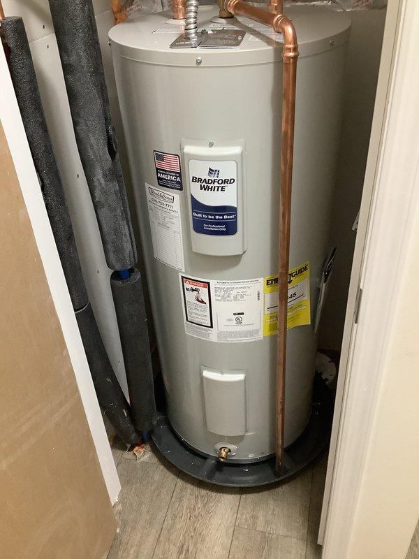 Successfully installed a new Bradford White 40-gallon electric water heater to replace customer's 2019 model that was no longer providing sufficient hot water. Installation included replacement of the cold water inlet valve, addition of a thermal expansion tank, updating of the drain pan, and hard piping of the water lines with proper insulation.