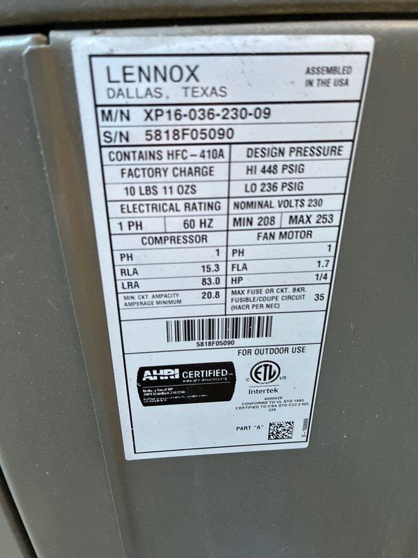 Performed scheduled maintenance on Lennox XP16-036-230-09 outdoor cooling unit (S/N: 5818F05090) charged with HFC-410A refrigerant. Inspected control board circuitry and wiring connections, verifying proper operation of all electronic components. Confirmed system is operating within manufacturer specifications.