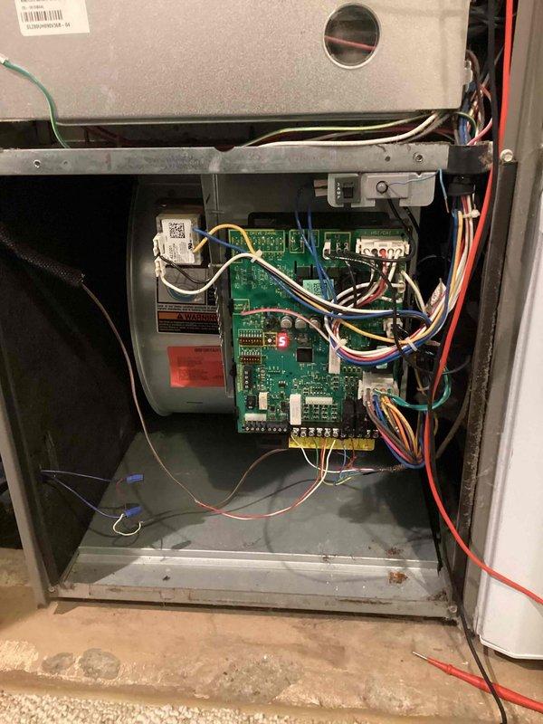 Installed new Aprilaire S86NMU thermostat as scheduled service. Accessed furnace control board to establish proper wiring connections for the new thermostat. Completed installation successfully with all system functions verified operational.