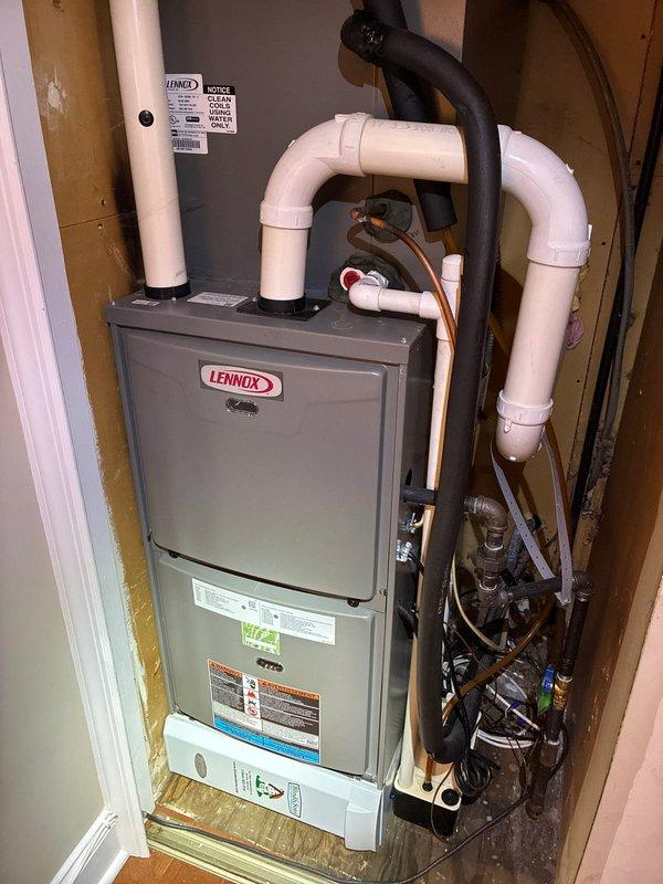 Performed scheduled heating maintenance on a Lennox furnace system. Inspected and evaluated the filter condition, noting some dust accumulation. Completed comprehensive system check including examination of PVC venting, refrigerant lines, electrical connections, and condensate drainage components to ensure proper operation for the heating season.