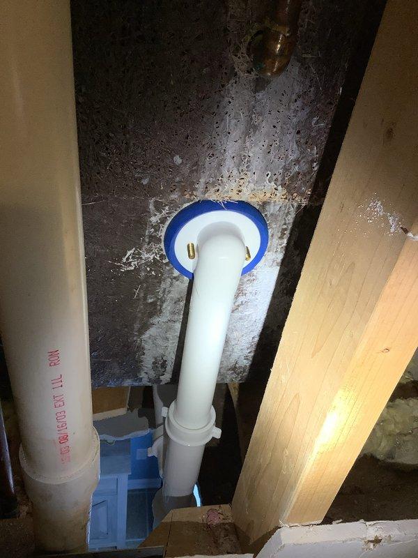 Completed replacement of waste and overflow with new lift and turn style, and installed new Moen single-handle tub/shower valve. Installation included adding shut-off valves on water lines in the access panel for improved serviceability, with all new components properly connected to existing PVC and copper supply lines.