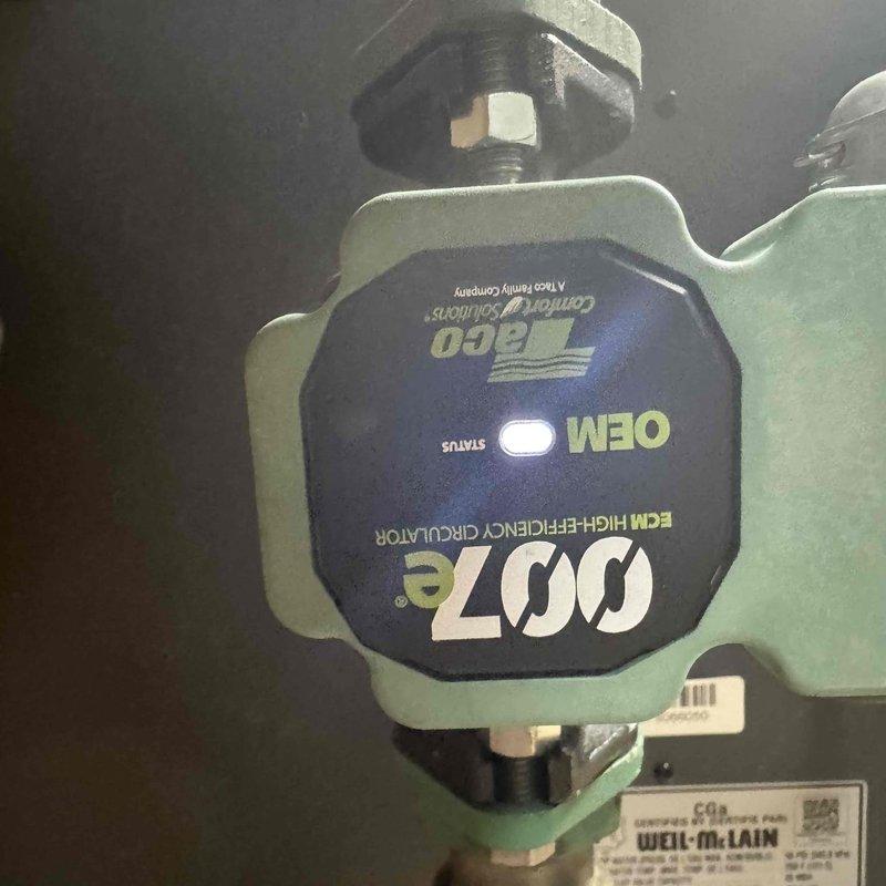 Responded to service call for a two-year-old steam boiler that failed to restart after a power outage. Inspected the Weil-McLain ECO 007e high-efficiency circulator pump and associated copper piping system with brass and ball valves. Restored proper operation by resetting the control system and verifying all safety switches were properly engaged following the power interruption.