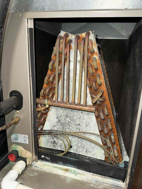 Performed maintenance on 20+ year old furnace, noting significant rust and corrosion on heat exchanger and evaporator coil that requires attention. Visual inspection revealed accumulated dust/debris in interior chamber and aging components, indicating system is approaching end of useful life and should be considered for replacement.