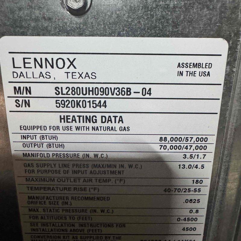 Diagnosed and repaired 3-year-old Lennox model SL280UH090V36B-04 furnace that was not producing heat. Inspection revealed a faulty blower motor, which was replaced to restore proper system operation. Unit was tested after repair and is now functioning correctly.