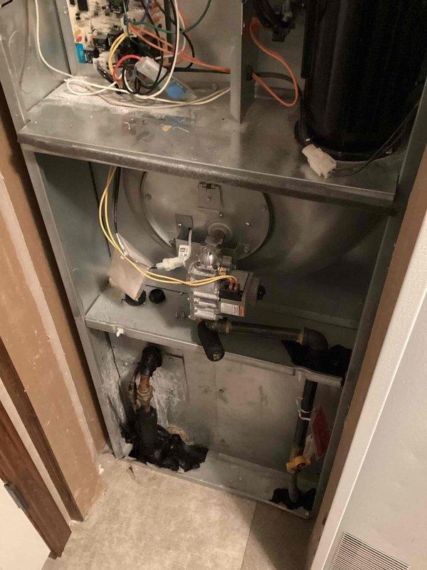 Performed scheduled maintenance on 8-year-old furnace. Inspected interior components including circuit board, gas valve assembly, and blower motor. Cleaned dust accumulation from key components and verified all electrical connections were secure with no signs of damage or wear.