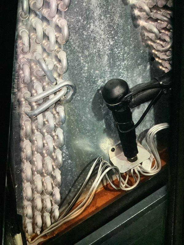 Performed scheduled MVP Heating maintenance visit and discovered significant frost buildup on evaporator coils indicating restricted airflow. Inspected control board and wiring connections which appeared intact with no visible damage. Documented system condition with photographs for service record.