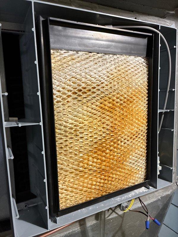 Performed complimentary cooling system maintenance for MVP member. Inspected circuit board connections and wiring in air handler, finding all components properly connected. Noted significant dirt accumulation on air filter with visible orange-brown staining, indicating filter replacement is needed for optimal system performance.