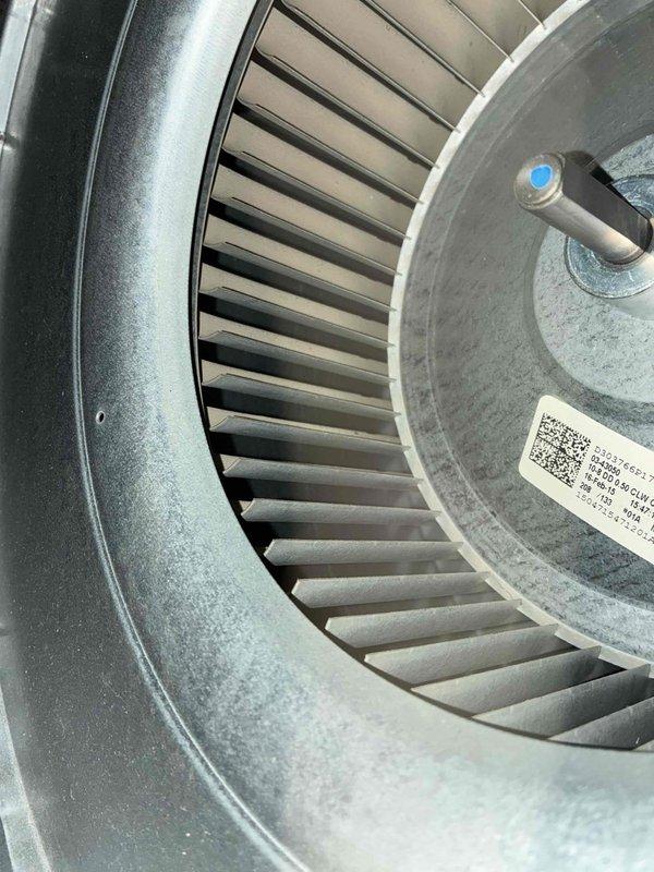Completed scheduled furnace tune-up service, inspecting interior components and heat exchanger which showed oxidation on metal connections. Examined and cleaned blower wheel assembly, which was found to be in good working condition with no debris accumulation between the fan blades.