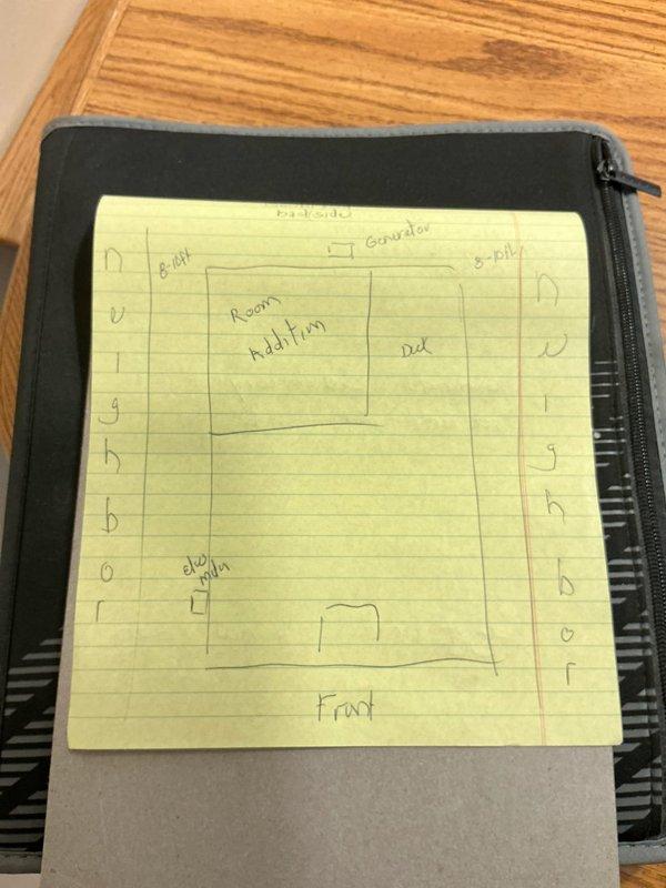 Conducted generator installation estimate at residential property, inspecting existing electrical panel and documenting site conditions. Created diagram showing proposed generator location in relation to room addition and existing electrical panel to facilitate proper installation planning.