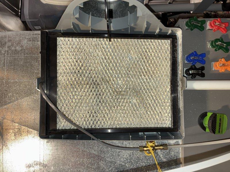 Performed routine MVP heating maintenance service which included inspection and replacement of air filters. Removed and inspected the humidifier filter which showed moderate dirt accumulation, and replaced the pleated HVAC system filter which displayed normal usage soil. All components were properly reinstalled and system operation was verified.