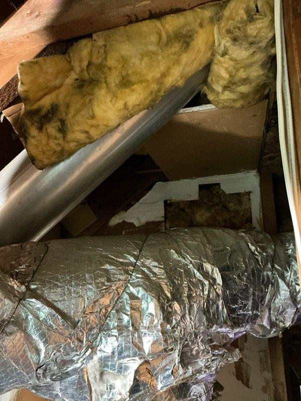Performed assessment for furnace and AC replacement. Current outdoor condenser unit shows signs of weathering and possible mold growth, positioned on concrete pad with aging electrical connections. Inspection of attic revealed compromised ductwork with inadequate insulation and sagging fiberglass batts between joists, indicating potential efficiency issues throughout the system.