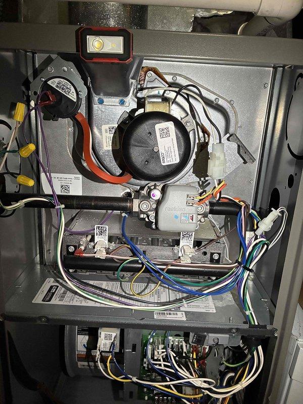Performed scheduled MVP heating maintenance service. Conducted thorough inspection of system components including motor assembly, electrical connections, and control boards. All wiring connections were verified secure with proper color coding intact, and system was tested for proper operation with no issues detected.