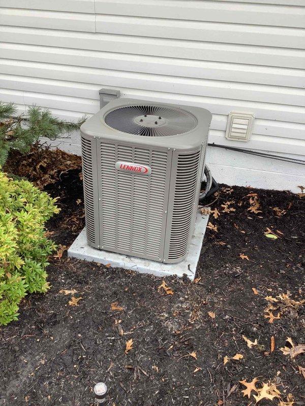 Performed scheduled maintenance on Lennox cooling system as part of combined HVAC service package. Inspected outdoor condenser unit for proper installation on concrete pad, verified adequate clearance around unit, and confirmed electrical disconnect box connections were secure. Unit was found to be in good operating condition with no visible damage to cooling fins or refrigerant lines.