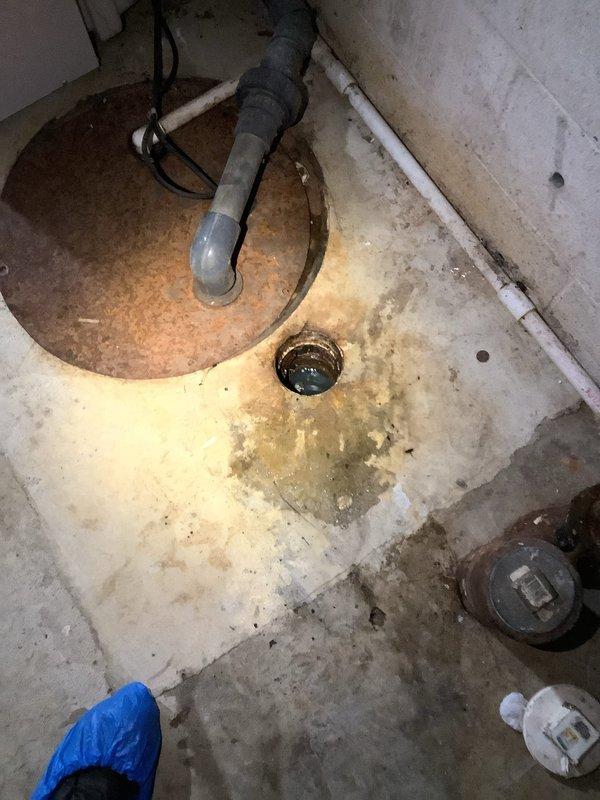 Responded to service call for sewer line backup in basement with associated odor. Inspection revealed deteriorated sewer drain pipe with significant mineral buildup and structural cracks causing blockage. Successfully cleared obstruction and documented condition of aging infrastructure with recommendation for future pipe replacement due to visible deterioration of interior surfaces.