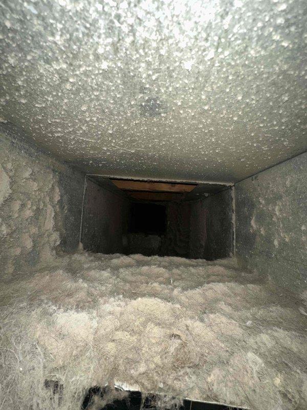 Completed comprehensive duct cleaning service using MVP system on residential HVAC ductwork. Inspection revealed significant accumulation of dust, lint and possible mold growth throughout the ventilation system, with debris buildup measuring several millimeters thick in some areas. Successfully cleaned and sanitized all ducts, removing obstructions and restoring proper airflow to improve indoor air quality and system efficiency.