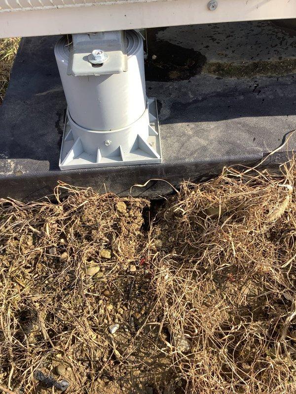 Identified burrowing animal damage under Mitsubishi heat pump outdoor unit causing instability. Documented condition with photos showing unit on uneven concrete pad with exposed soil underneath. Leveled unit with stone to prevent further animal intrusion and ensure proper equipment operation.