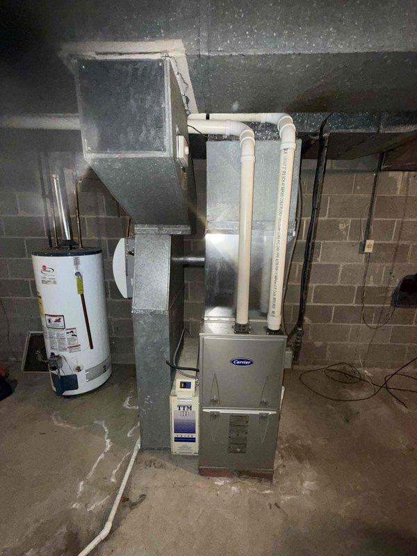 Performed comprehensive A/C tune-up service as part of promotional offer. Inspected electrical components including fuses and connections in outdoor condensing unit. Examined Carrier furnace system with attached ductwork and verified proper operation of all HVAC equipment in basement utility area.