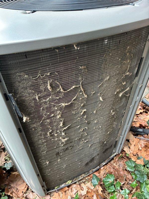 Performed scheduled MVP Cooling maintenance on a Lennox residential AC system. Discovered significant debris accumulation on condenser coils restricting proper airflow. Thoroughly cleaned coils to remove built-up dirt and organic matter, improving system efficiency and performance.