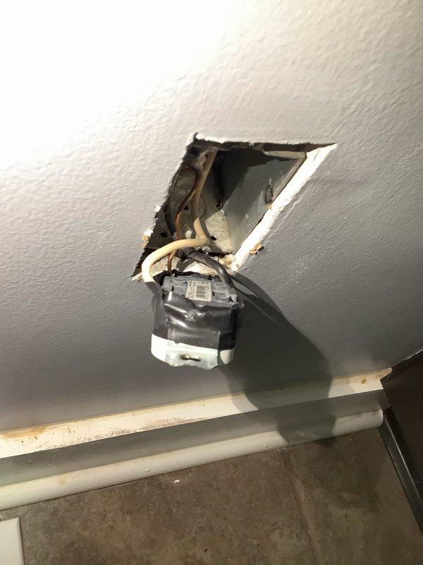 Investigated power loss at 50-year-old residence and discovered damaged electrical junction box in ceiling with exposed wiring. Repaired damaged connections, secured junction box properly, and restored power to the home after testing all circuits for proper function.