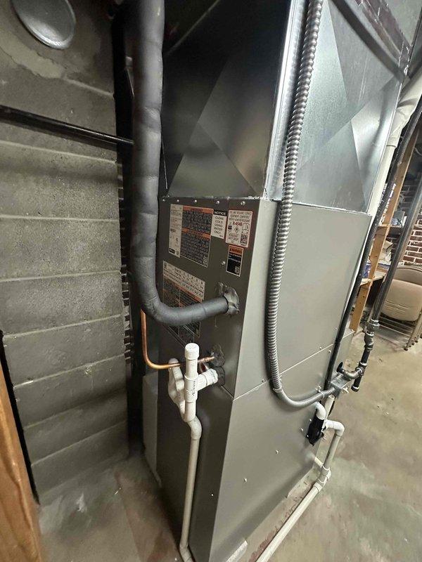 Successfully completed installation of a new 90% FRN furnace with matching AC system. Installed appropriate Class RK5 20A fuses (FLNR 20A) for electrical protection and ensured proper connections to all components including PVC drain lines, return/supply ductwork, and refrigerant lines. System was mounted securely against foundation wall with all manufacturer labels intact and accessible.