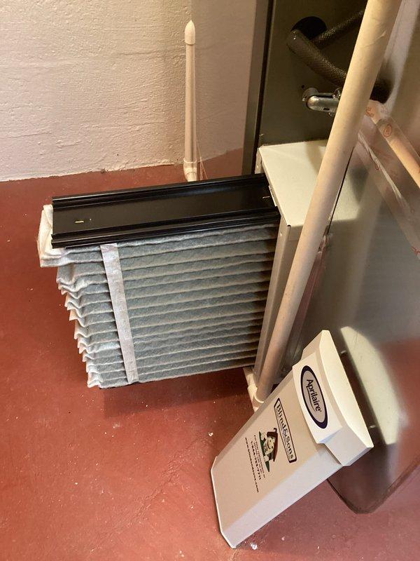 Performed scheduled MVP AC maintenance. Replaced air filter with new pleated filter. Inspected outdoor condensing unit, verified proper operation and airflow through condenser coils. System functioning normally with no issues detected.