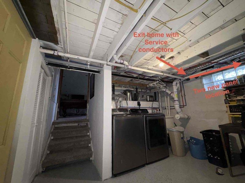 Completed residential generator installation assessment for a 1910-era property. Documented potential installation locations in basement utility area, noting service conductor exit point and proposed dual panel locations. Site evaluation included examination of existing electrical infrastructure to accommodate Generac generator system.