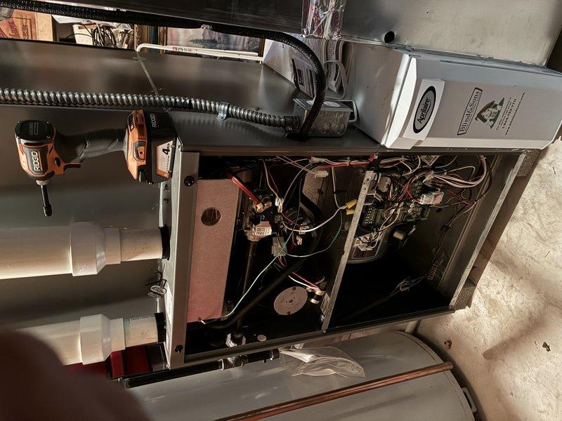 # Service Summary

Responded to no-heat call on 7-year-old residential gas furnace. Upon arrival, performed diagnostic inspection of unit and internal components to identify cause of heating failure.

# Work Performed

Accessed furnace control compartment and conducted systematic troubleshooting of electrical and ignition systems. Inspected all internal components including control board, wiring harnesses, capacitors, and safety switches. Tested voltage and continuity at key connection points to isolate the malfunction. Identified failed component preventing furnace operation.

Replaced defective part and verified proper electrical connections throughout the system. Restored power to unit and cycled furnace through complete heating sequence to confirm ignition, flame sensing, and blower operation. Verified proper airflow through supply plenum and ductwork system.

Conducted final system test to ensure furnace achieved and maintained call for heat. Confirmed all safety controls function