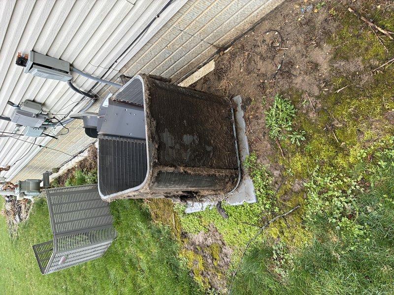 # Service Report

Completed comprehensive tune-up service on an 11-12 year old residential air conditioning system. Upon inspection, found condenser coils heavily clogged with dirt, debris, and organic matter significantly restricting airflow and reducing system efficiency. Performed thorough cleaning of condenser coils, removed accumulated buildup from fins, inspected refrigerant lines and electrical connections, and verified proper operation of all system components to restore unit to optimal performance specifications.