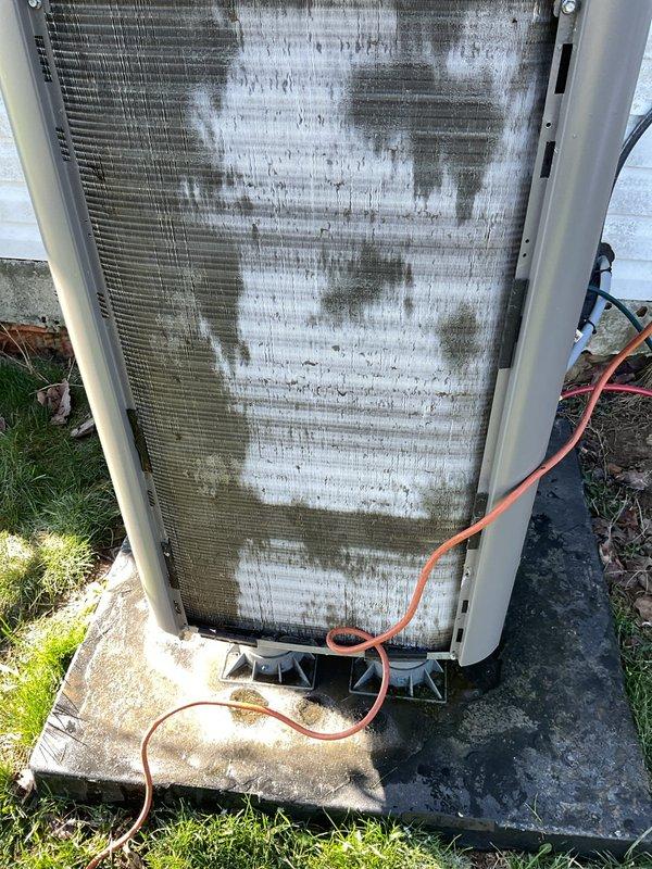 Returned to property to perform leak search on HVAC system under optimal weather conditions. Conducted thorough three-hour diagnostic inspection of outdoor condensing unit and associated electrical controls. Unit exterior showed significant contamination with dirt, debris, and biological growth on coil fins and panels requiring attention. Inspected electrical control panel and wiring connections for potential refrigerant leak points. Documented system condition with photographs for service records.