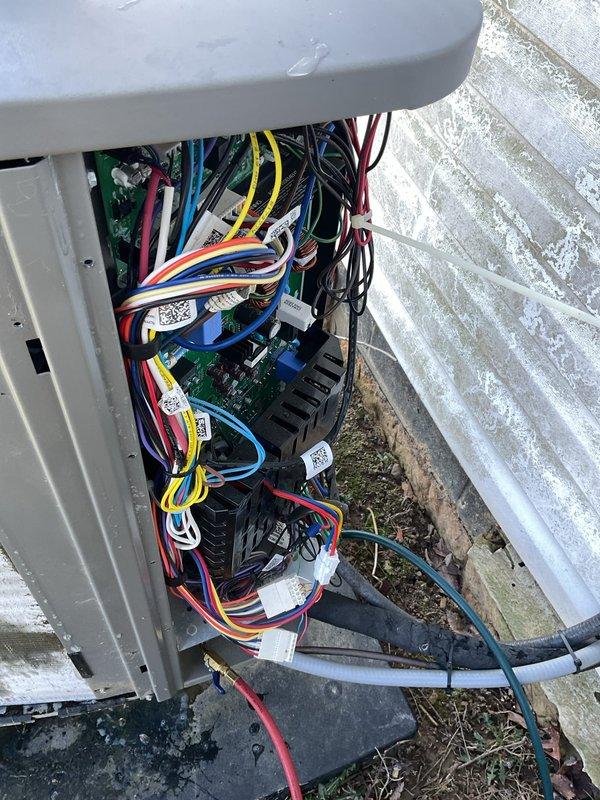 Returned to property to perform leak search on HVAC system under optimal weather conditions. Conducted thorough three-hour diagnostic inspection of outdoor condensing unit and associated electrical controls. Unit exterior showed significant contamination with dirt, debris, and biological growth on coil fins and panels requiring attention. Inspected electrical control panel and wiring connections for potential refrigerant leak points. Documented system condition with photographs for service records.